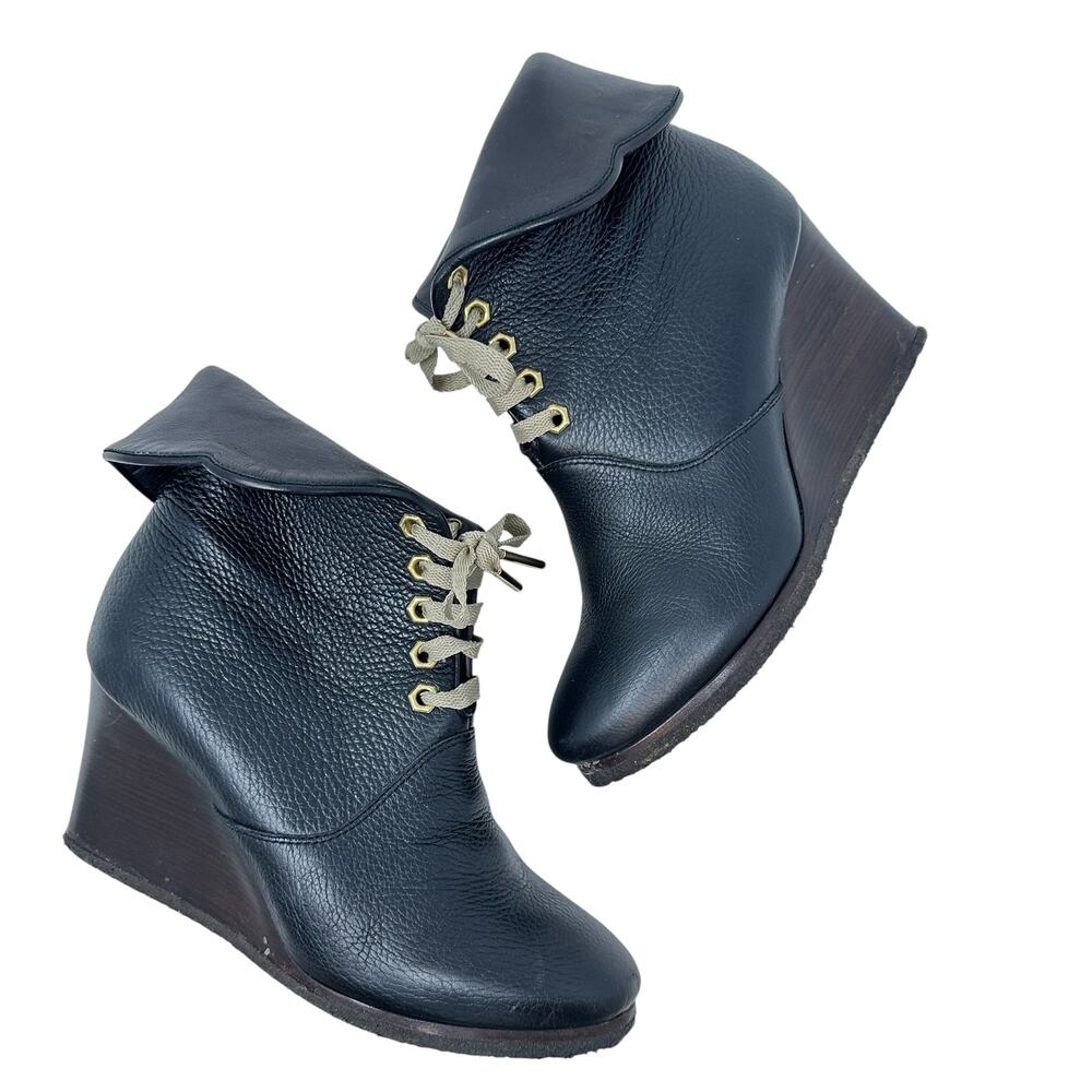 Chloe Kole Wedge‎ Booties Boots Leather Lace-Up Black Size 36.5 US 6.5